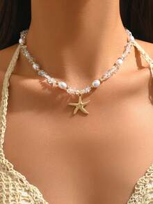1 Stück Boho-Stil transparente Perlen-CCB Halskette mit Legierungs-Seestern Anhänger, vielseitiger Schmuck für den täglichen Gebrauch, Dates, Partys, Musikfestivals - Perlenform, -größe und -menge sind zufällig - mehrfarbig - Übersicht 1