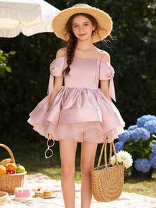 Vestido elegante rosa con lazo para adolescentes, vestido corto para boda, baile de graduación, cumpleaños, fiesta, Pascua, vacaciones - Rosa - Ver 3