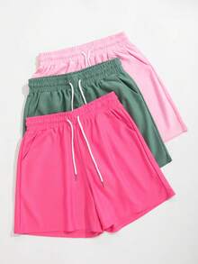 3pcs/Set Solid Color Casual Shorts With Drawstring, Elastic Waist Pockets, Women's Summer Sports Shorts, Jogging Shorts, Lounge Shorts - Multicolor - View 7