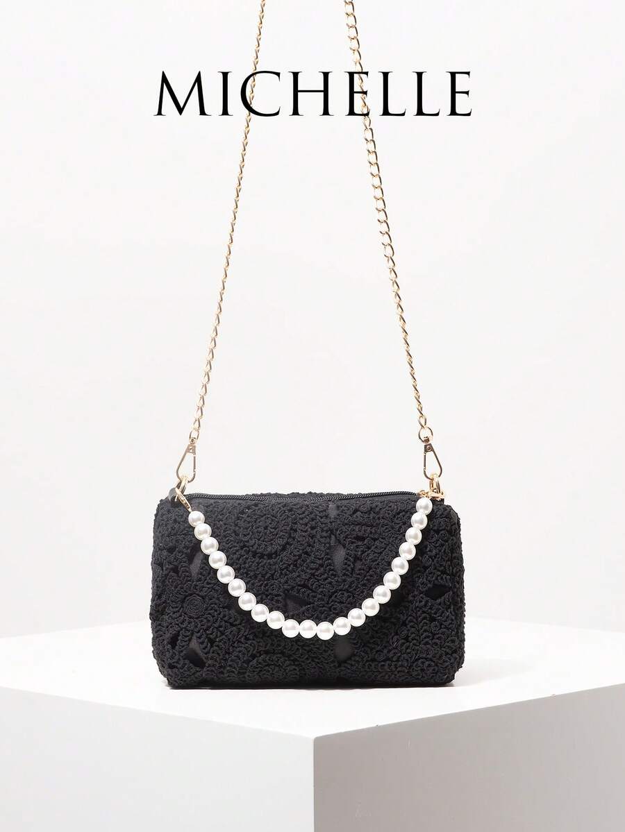 Tas Selempang Motif Bunga dengan Hiasan Mutiara, Tas Tangan Gaya Bohemian, Tas Pantai Musim Panas, Perlengkapan Perjalanan, Dompet Elegan Wanita (Pola Acak) - Hitam - View 1