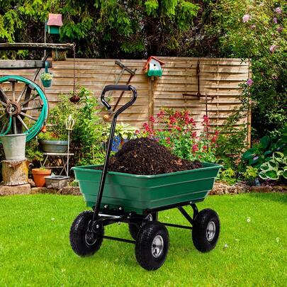 55L/ 75L Heavy Duty Dump Truck Trolley Garden Cart With 4 Pneumatic Wheels Swivel Soft Grip Handle, Garden Tipping Wheelbarrow, Transporting Handcart For Outdoors, Festivals, Tools, Plants, Logs, General Waste (Green/Black)