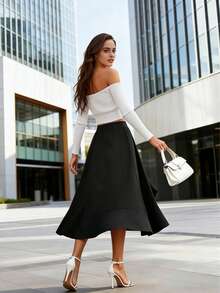Fashionable Black Mid-Length Asymmetric Ruffle Hem Skirt, Polyester Fabric, Elegant Design With Front Short Back Long Style Spring - Black - View 5