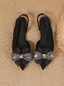 Giày sandal đế bằng nữ mũi nhọn, màu đen, kiểu dáng casual, thắt nơ bên hông, thời trang xuân/hè mới. - màu đen - Xem 5