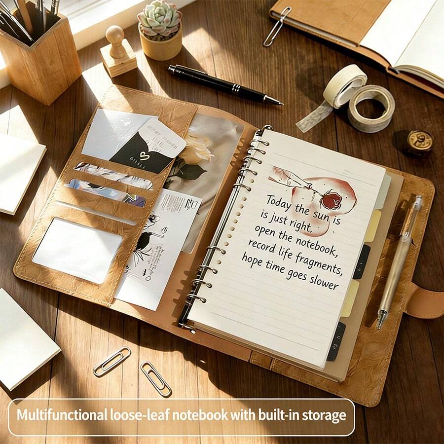 多功能皮革笔记本保护套，防水卡包收纳包，带笔槽和按扣，适用于办公用品、学习用品、返校季等。 - 多色 - 查看 1