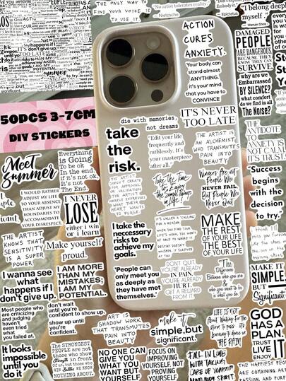 1 paquete/50 UNIDADES, Pegatinas con frases en blanco y negro retro, material de PVC, cada una mide entre 3 y 7 centímetros, diseño creativo y estético, cada una es diferente, aplicables a diarios manuscritos, tabletas, computadoras portátiles, estuches de lápices, motos, patinetas, álbumes de recortes, guitarras, loncheras, fundas de teléfono, baterías portátiles, fundas protectoras para auriculares, imanes para refrigeradores, pegatinas para autos, decoración para diarios manuscritos para adolescentes y adultos