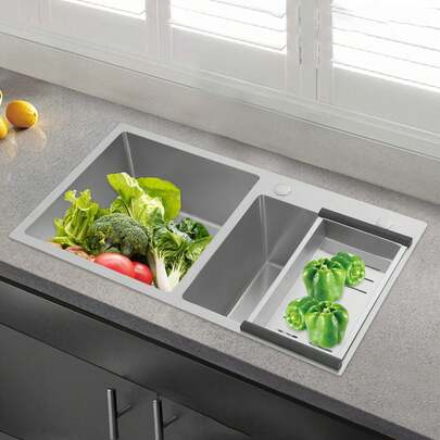 Stainless Steel Kitchen Sink, Double Bowl Kitchen Sink, Kitchen Sink With A Drain Basket