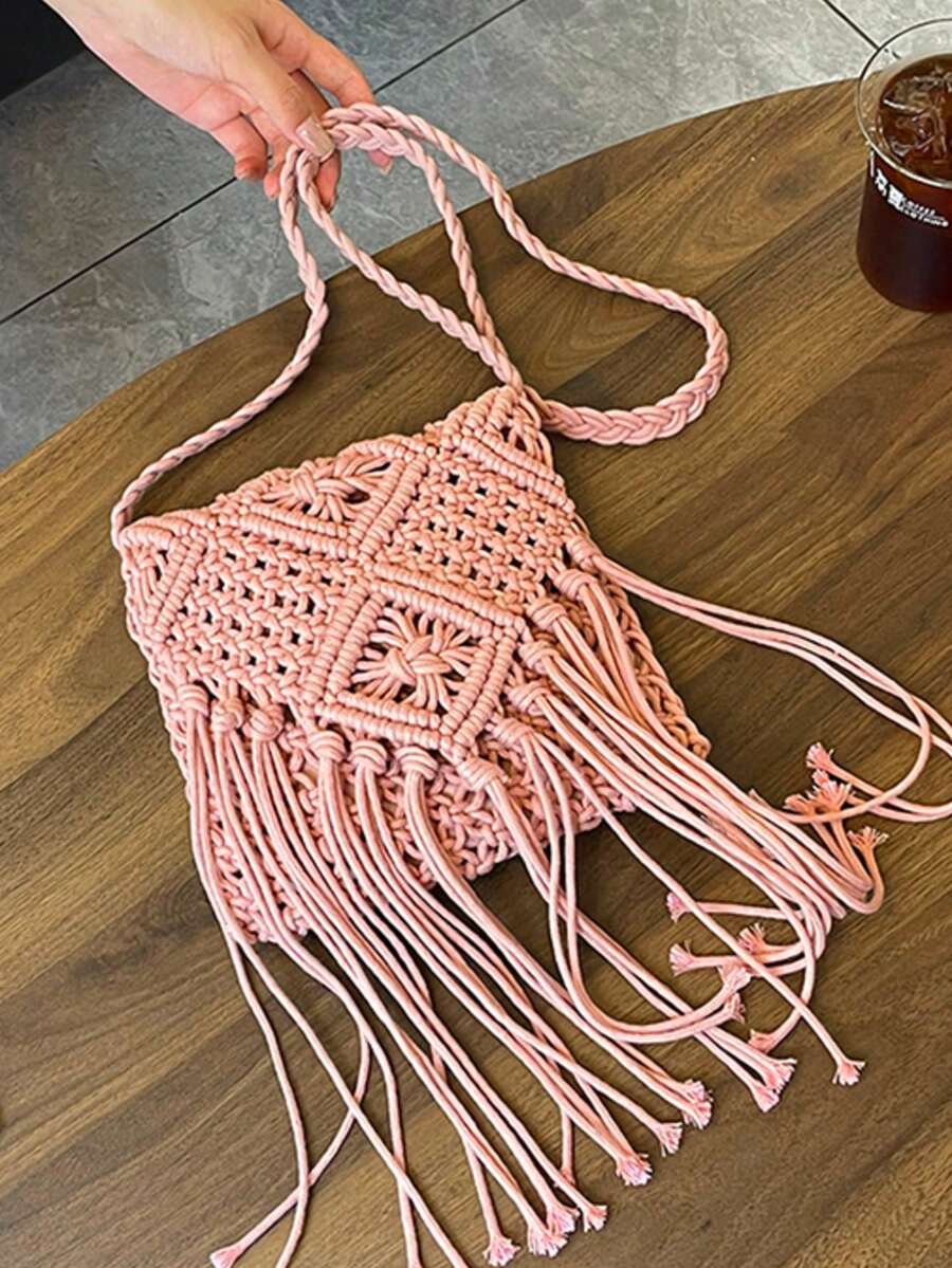 Tassel Woven Bag, Hollow Out Crossbody Bag, Personalized Shoulder Bag With Vacation Vibe - Pink - View 1