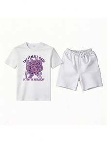 Conjunto para hombre estilo streetwear artístico con ilustración gráfica y texto algodón cómodo ajuste holgado cuello redondo manga corta primavera verano uso casual set de playera y shorts - Blanco 1 - Ver 1