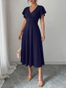 Women's Summer Mid-Length Dress Ruffled Sleeve Covered V-Neck Elegant Wedding Party Swing A-Line Slim Flared Dress - Navy Blue - View 3