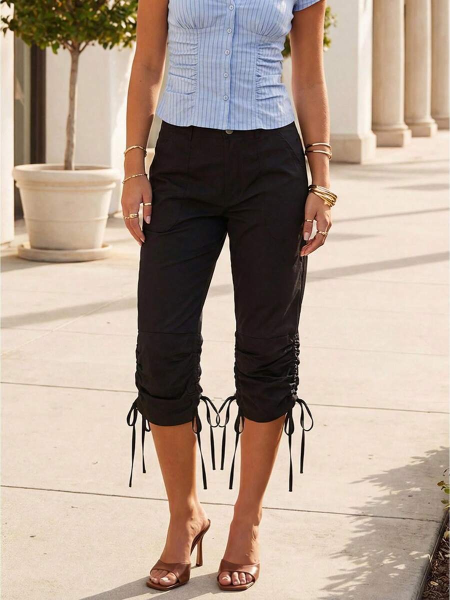 Women's Spring Summer Capri Pants Drawstring Cuff Solid Color Slim Fit Cropped Trousers - màu đen - Xem 1