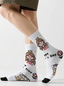 1 Pair Limited Edition Cartoon Crew Socks For Mother's Day, With Kiss And Hug Patterns, 360° All-Over Printing, Perfect Gift For Mother's Day - White - View 3