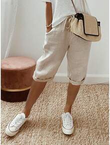 Women'S Bermuda Shorts -100% Knee-Length With Pockets, Elastic Waist Drawstring Pull-On, Casual Summer Daily Wear - 深灰色 - 查看 1