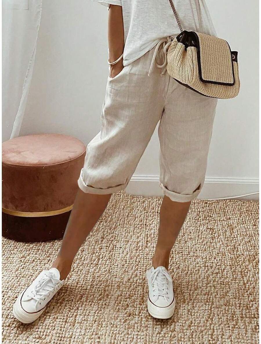 Women'S Bermuda Shorts -100% Knee-Length With Pockets, Elastic Waist Drawstring Pull-On, Casual Summer Daily Wear - 深灰色 - 查看 1