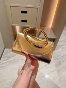 1 chiếc ví cầm tay mini kiểu dáng châu Âu và Mỹ trang trí kim loại, túi xách sang trọng, thanh kim loại sáng bóng, thích hợp cho váy dạ hội, tiệc tùng, đám cưới, dạ tiệc, lễ hội. Bao gồm dây xích kim loại. - Vàng - Xem 11