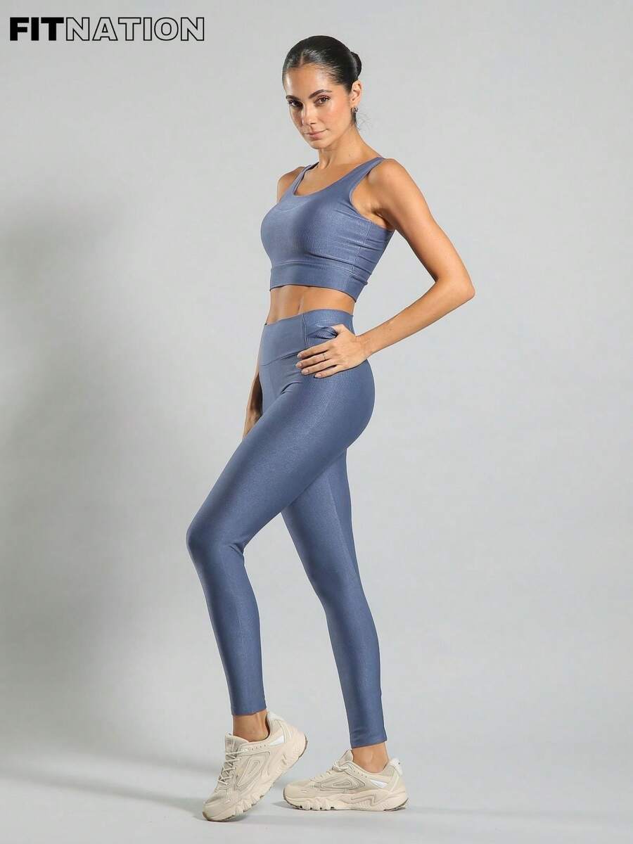 FITNATION Leggings Set With Waistband Pocket + Longline Cropped Top In Micro-Ribbed Fabric With SHINE And HIGH Elasticity And Support. - Indigo Blue - View 1