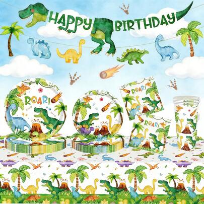 Este set desechable de vajilla con diseño de dinosaurio de 51 piezas incluye 10 platos de cena, 10 platos de postre, 10 vasos de papel, 20 servilletas, un mantel y una pancarta desplegable. Esta práctica vajilla desechable es perfecta para acampadas, picnics, barbacoas de jardín y bodas.