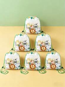 1/6个丛林动物图案婴儿派对抽绳背包礼品袋，优雅动物主题性别揭晓派对礼品，野性十足的一周岁生日派对用品，礼品包装袋，一周岁生日派对男女宝宝礼品袋，耐用可重复使用的婴儿派对手提袋，新生儿派对桌面装饰，婴儿派对装饰，婴儿派对礼物，性别揭晓派对装饰，休闲风格，生日派对装饰，户外背包，零食收纳袋，糖果袋，派对礼品 - 叢林動物 - 查看 5