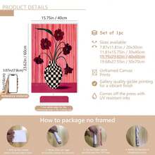 1pc Floral Checkered Vase Print: Berry Pink Wall Decor, Suitable For Home Decor, Room Decor, Bedroom Decor, Living Room Decoration, Bathroom Decor, Wall Decor, Optional Wall Art With Frame. - Multicolor - View 14