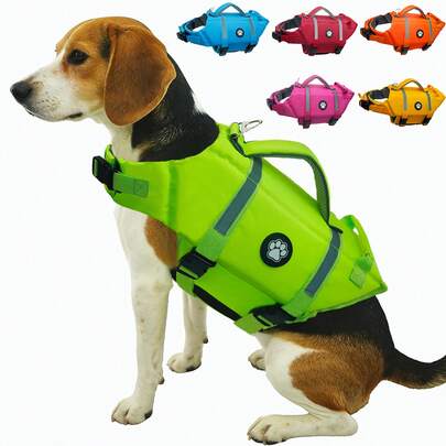 Metglad 狗狗救生衣，高浮力高反光宠物泳衣，加厚救援提手和金属D形环，全方位水上活动保护，可调节尺寸，适合小型、中型和大型犬。