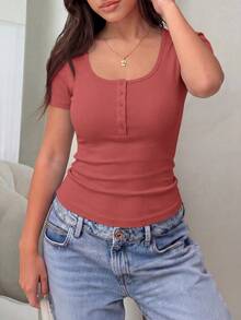 Women's Summer Short Sleeve Top Rib Knit Henry Button Solid Color Slim-Fit Basic Casual T-Shirt - san hô đỏ - Xem 3