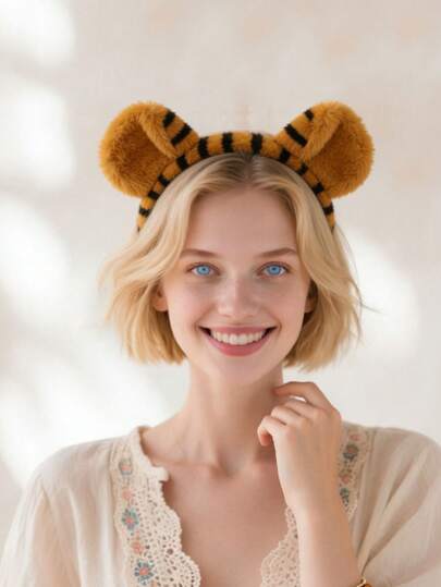 女士毛绒老虎耳朵发箍，动物角色扮演主题派对头饰，可爱卡通老虎造型发箍，适合女士生日派对装饰