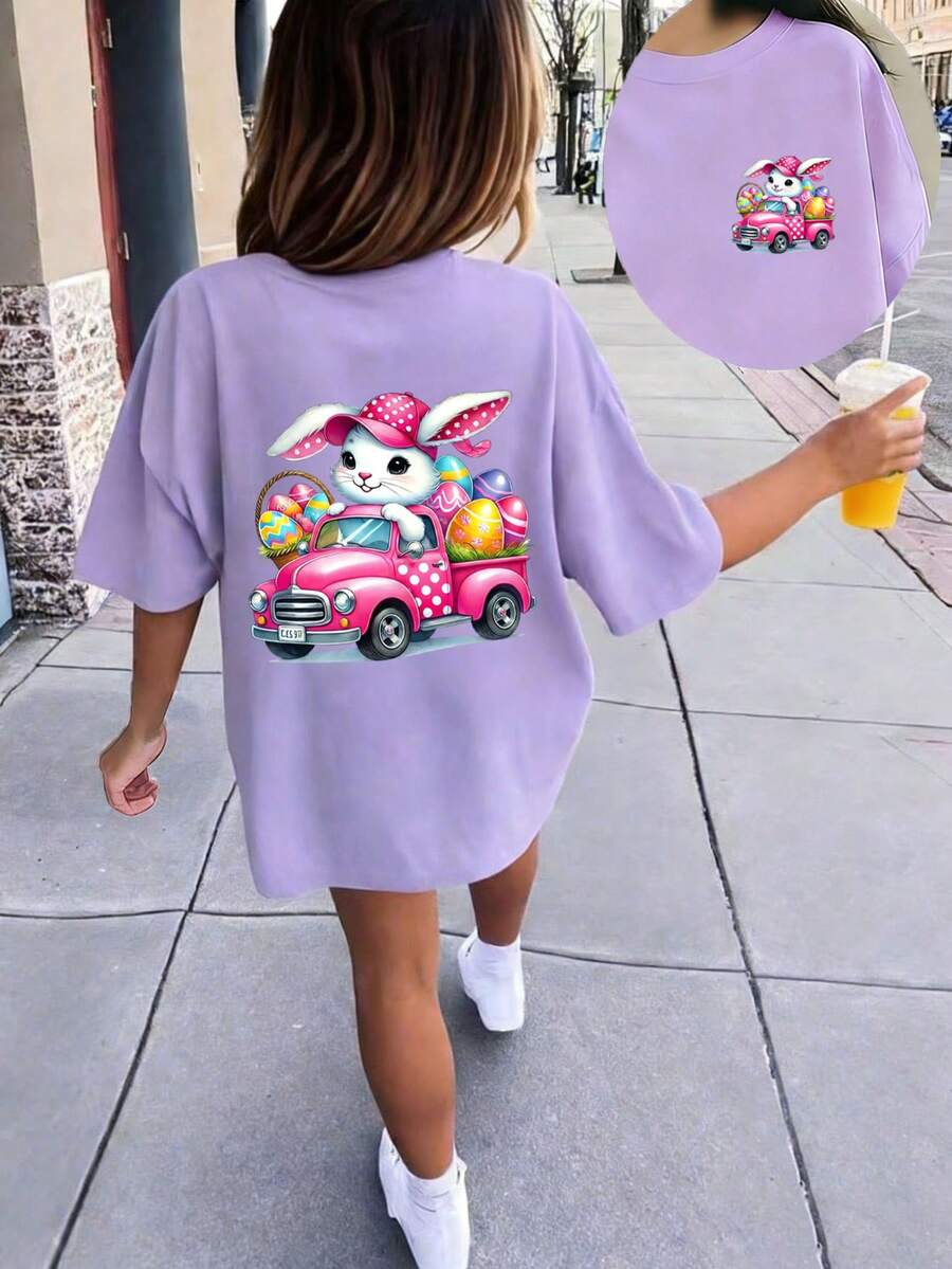 Tween Girls' Casual Funny Print Crew Neck Short Sleeve T-Shirt, Summer Top - Mauve Purple - View 1