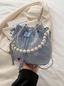 旗袍风格仿珍珠新款中式大容量抽绳单肩手提包 - 藍色 - 查看 7