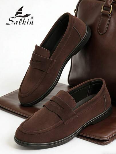 Salkin Classic Designer Men's Moccasin Plain Suede Slip On Penny Loafers Men Soft Leather Shoes Gentlemen Business Social Shoes Male Daily Office Party Wedding Dress Shoes For Men ‌Couple's Date ‌Romantic Dinner Festive Gift‌ Back To School Students Casual Shoes Preppy,Please Choose One Size Up