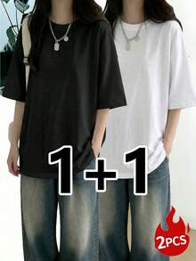 2pcs/Set Women's Casual Loose Round Neck Short Sleeve T-Shirt, Versatile Solid Color, Spring Summer - Black + White - View 4