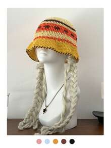 Colorful Dopamine Striped Knit Bucket Hat, Autumn/Winter, Large Head Circumference, Flattering, Rainbow Crochet Bucket Hat, Summer, Hyun-A Style, Sun Protection, Striped Knit Bucket Hat,Beach,Vacation - Multicolor - View 13