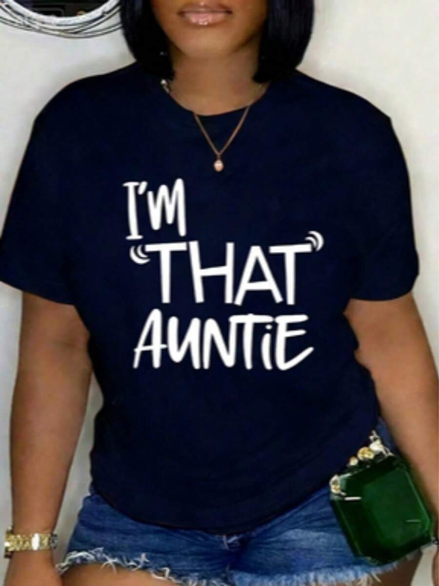 % Cotton I'That Auntie Funny Best Aunt Tee-Shirt Women's Summer Plus Size Classic Soft Crew Neck Tee Tops% Comfortable CottonLoose And Comfortable - 寶藍色 - 查看 1