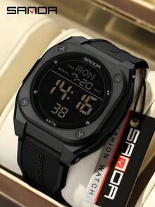 SANDA Reloj digital multifunción con alarma, luminoso e impermeable, de silicona, para estudiantes - Negro - Ver 7
