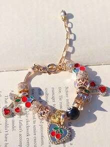 1pc Leopard Print Cherry Charm Bracelet, 1pc Black Cherry 8mm Bead Bracelet, Fashion Leopard Print DIY Bracelet, 1pc Red Cherry Music Festival Bracelet - 金色 - 查看 6