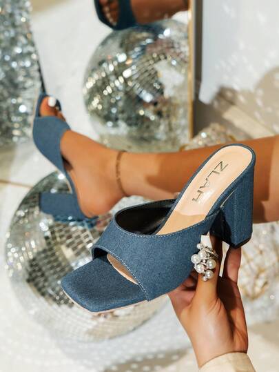Women's Blue Suede High Heels, Vacation Style BOHO Chic American Retro Bohemian Western Music Festival Party Thick Heel Sandals