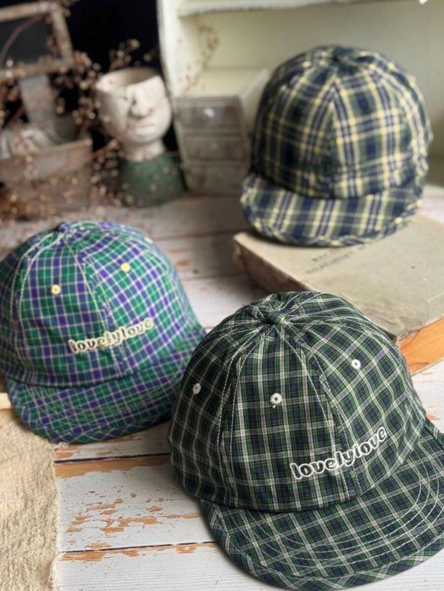 Retro Plaid "Lovely Love" Embroidered Soft-Top Comfortable Adjustable Peaked Cap, Unisex Green/Blue - A - View 1
