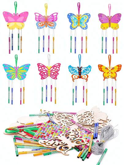 8Pcs DIY Butterfly Wind Chimes Kit,Wooden Butterfly Craft Set,Baby Room Decor,Painting And Coloring Wind Chime,Hanging Ornament,Suitable For Baby Shower Parties, 1st Birthday Parties, Gender Reveal Parties, Bridal Shower Favors,1st Birthday Party Decor,Butterfly Theme Party Decorations,Baby Shower Party Supplies,Baby Bedroom Decor,Birthday Gifts,Baby Room Supplies