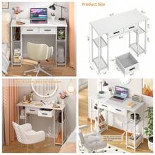 White Computer Desk With Drawers, 37.3 Inch Home Office Work Desk With Storage Shelf, Teens Study Table For Small Space, Small Writing PC Table For Bedroom Makeup Vanity Desk - Trắng - Xem 2