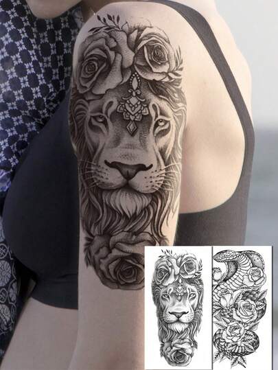 2张大号人体彩绘临时纹身贴纸，男女通用，狮子、蛇和玫瑰图案，防水假纹身，持续2-5天，遮盖疤痕，适用于手臂、颈部、腰部和腿部，适合节日派对、万圣节和作为礼物。