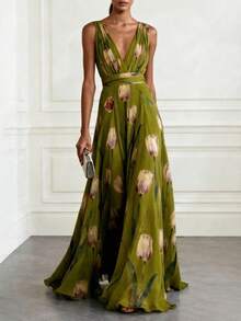Elegant Women's Boho A-Line Sleeveless Deep V Neck Long Dress With Ruffle Hem And Floral Print - màu xanh lá - Xem 4