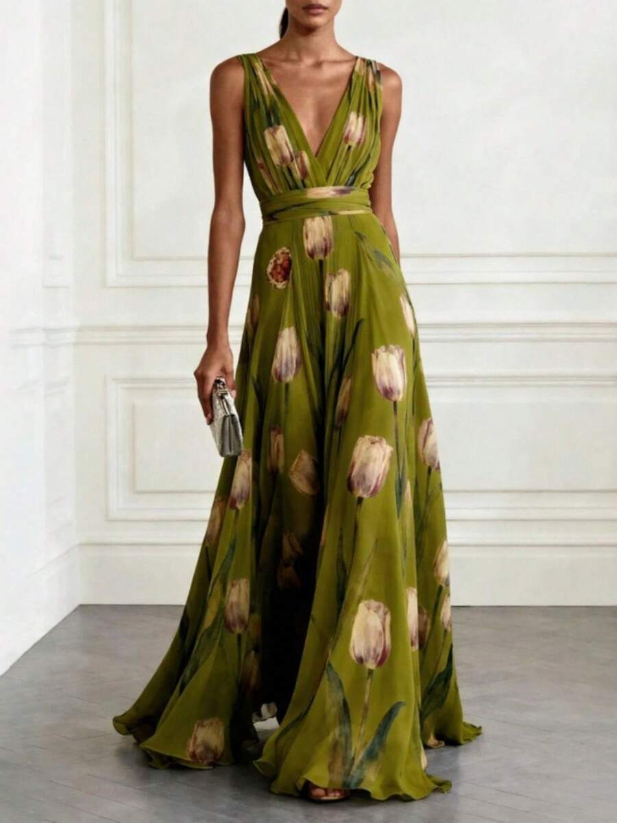 Elegant Women's Boho A-Line Sleeveless Deep V Neck Long Dress With Ruffle Hem And Floral Print - Green - View 1
