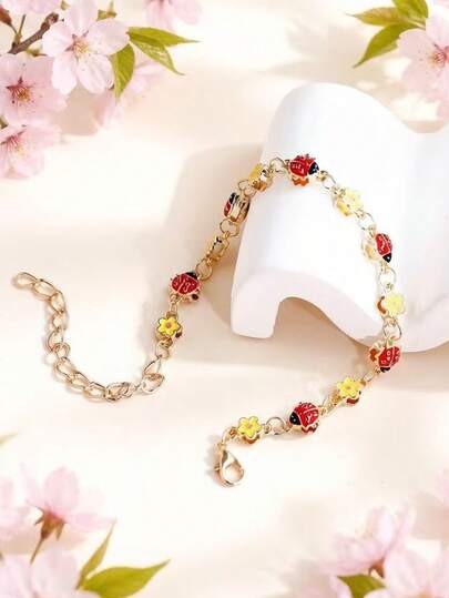 1 pieza Nuevo estilo Ins para niñas Pulsera de doble capa de aleación con mariposa, abeja, mariquita y gota de aceite, cadena hecha a mano con forma de corazón de colores mixtos, joyería DIY