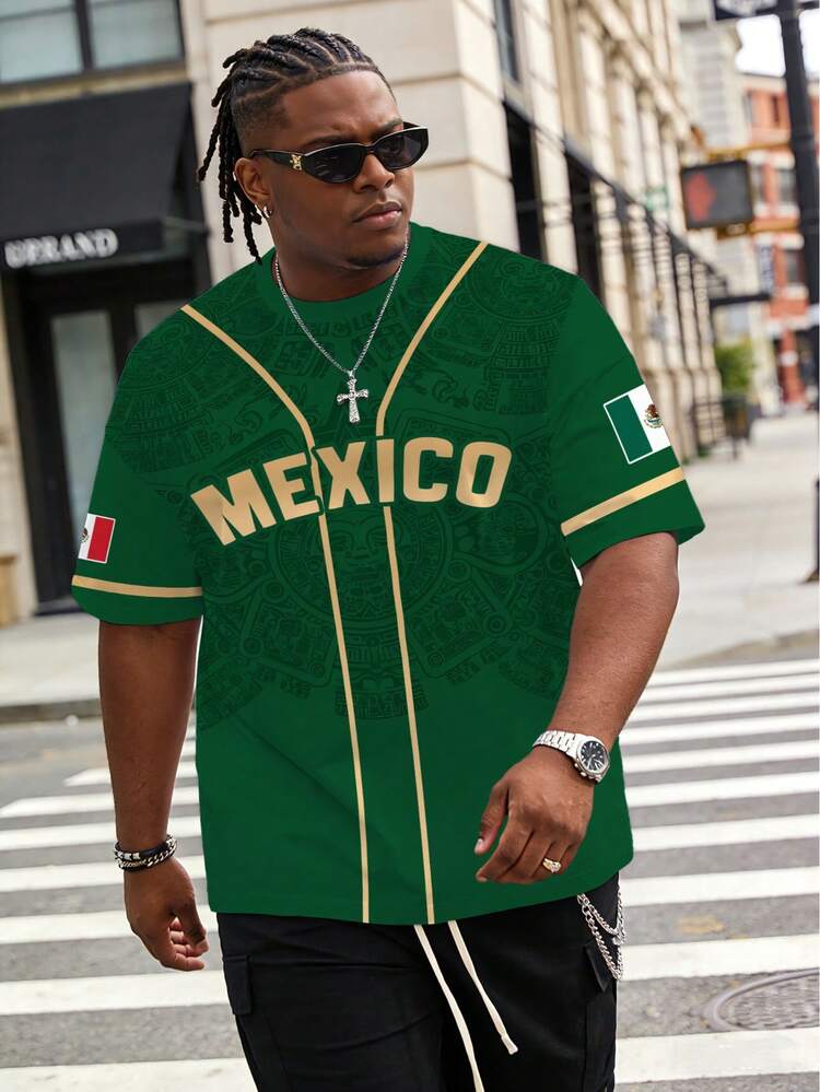 American Green & Gold Contrast Plus Size Men's T-Shirt Geometric