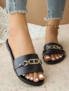 Women's Flat Slippers With Metal Buckle, Fashionable And Versatile, New Spring/Summer Design, Comfortable House Shoes - Hitam - View 5