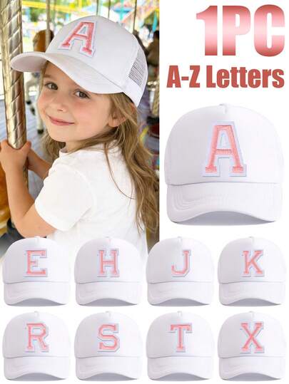 Mũ lưỡi trai trẻ em màu trắng thêu 26 chữ cái, thoáng khí, chống nắng, nhiều lựa chọn chữ cái, độc đáo, phù hợp cho trẻ em 5-10 tuổi mặc hàng ngày, đi học và các hoạt động ngoài trời, một lựa chọn đa năng và phong cách.