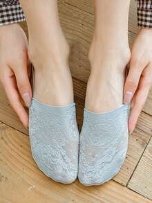 1/5/10双装 女士夏季薄款透气柔软硅胶防滑舒适隐形蕾丝透明时尚船袜 - 彩色 - 查看 7