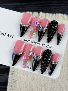 10片高端奢华女士风格，手绘立体蝴蝶，璀璨钻石簇手工假指甲，美甲贴纸，适合逃离公主的女士作为主人出席生日派对、家庭聚会和公司年会。 - 彩色 - 查看 3