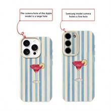 条纹TPU材质浪漫醉酒蓝色鸡尾酒图案手机壳，适用于 17 Pro Max/17/16 Pro Max/15/13/12/11、S20 FE/A15/S24/A55、Note 11/12/13 Pro，全包防摔软壳保护套，国际版，非国内版 - 白色 - 查看 7