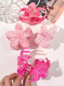 4个樱花粉色亮面大理石纹扎染雏菊发爪夹，甜美少女韩风柔美慵懒仙气日常通勤海滩度假丸子头发饰夏季度假发饰 - 彩色 - 查看 4