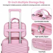 4pcs ABS Hard Shell Luggage Set Lightweight Carry-On Travel Trolley Suitcase With 360° Spinner Wheels - Pink - View 3