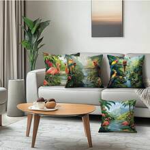 4件套热带绿色植物图案单面印花抱枕套，装饰枕套，适用于客厅、沙发、卧室，不含枕芯 - 彩色 - 查看 6